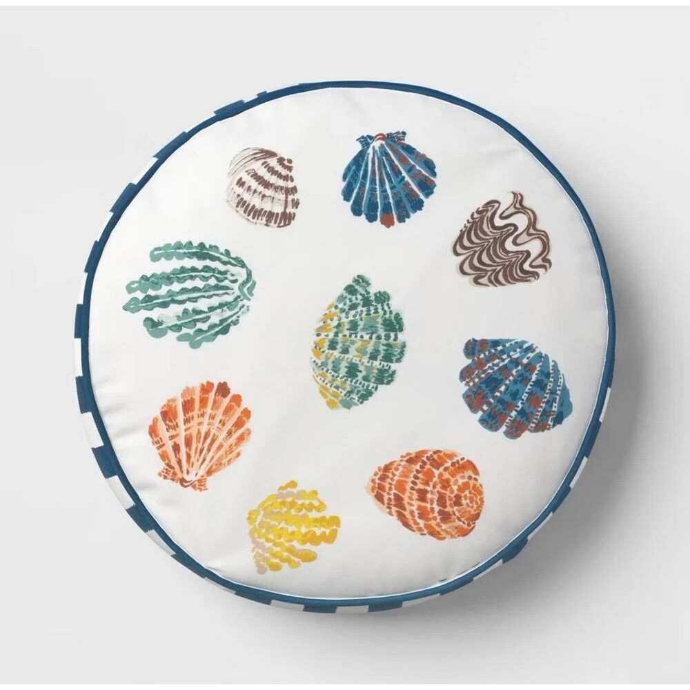 X2 Threshold 16” Round Outdoor Throw Pillow Blue Shells Patio Cushion NEW